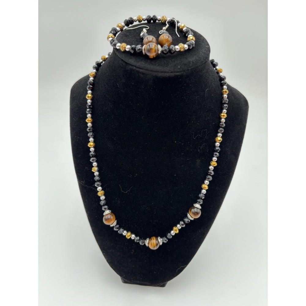 Tiger Eye‎ Beaded Necklace Bracelet Earrings Set Black Gold Silver Tone